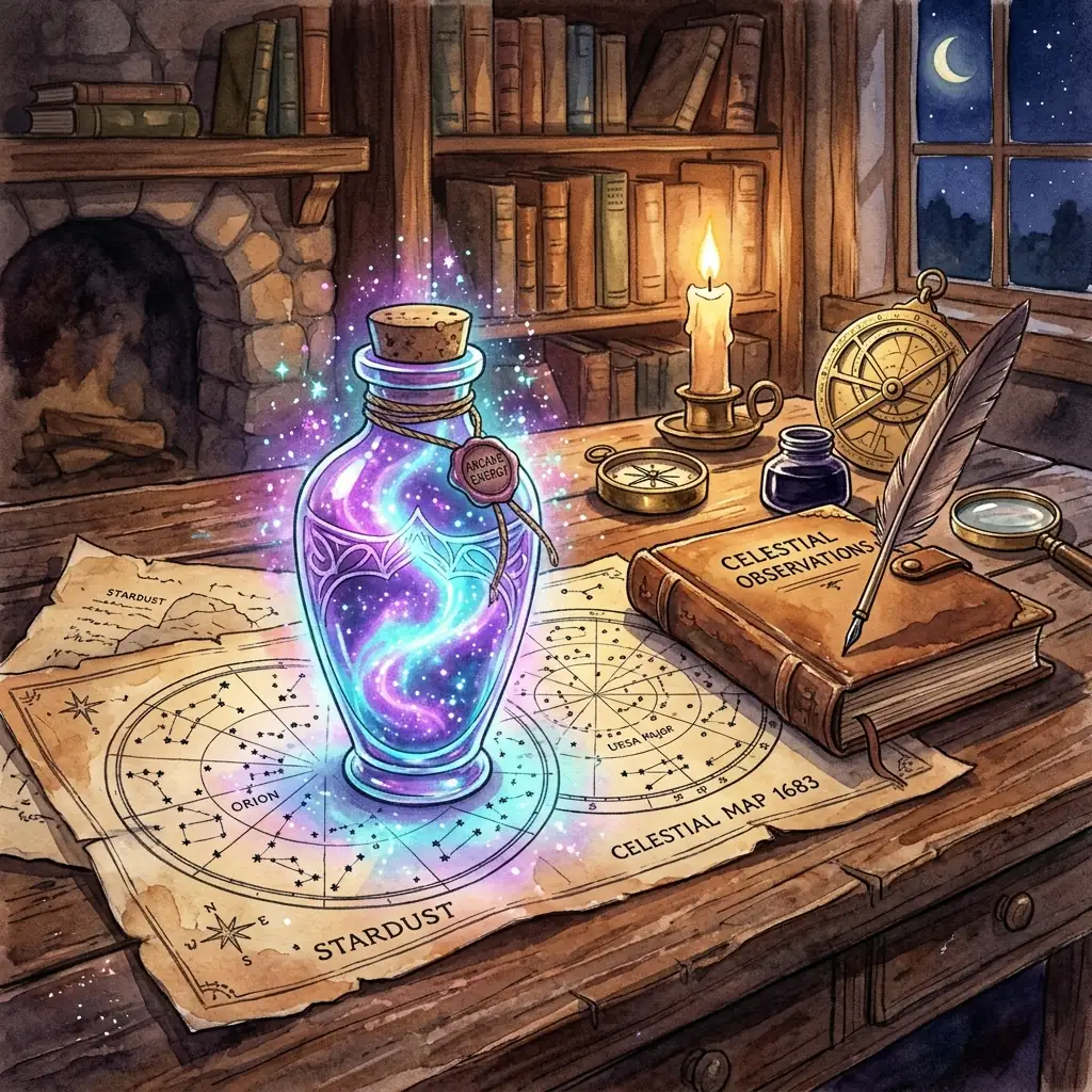 Illustration of glowing astrolabe tools