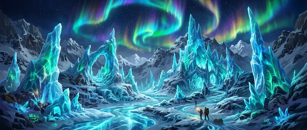 Glowing glacial valley with aurora borealis
