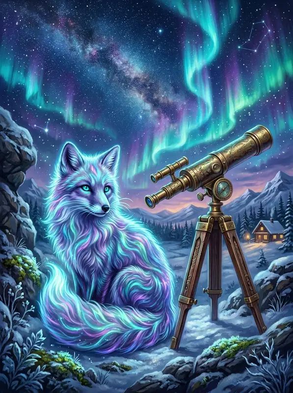 Orion the ethereal arctic fox by a telescope